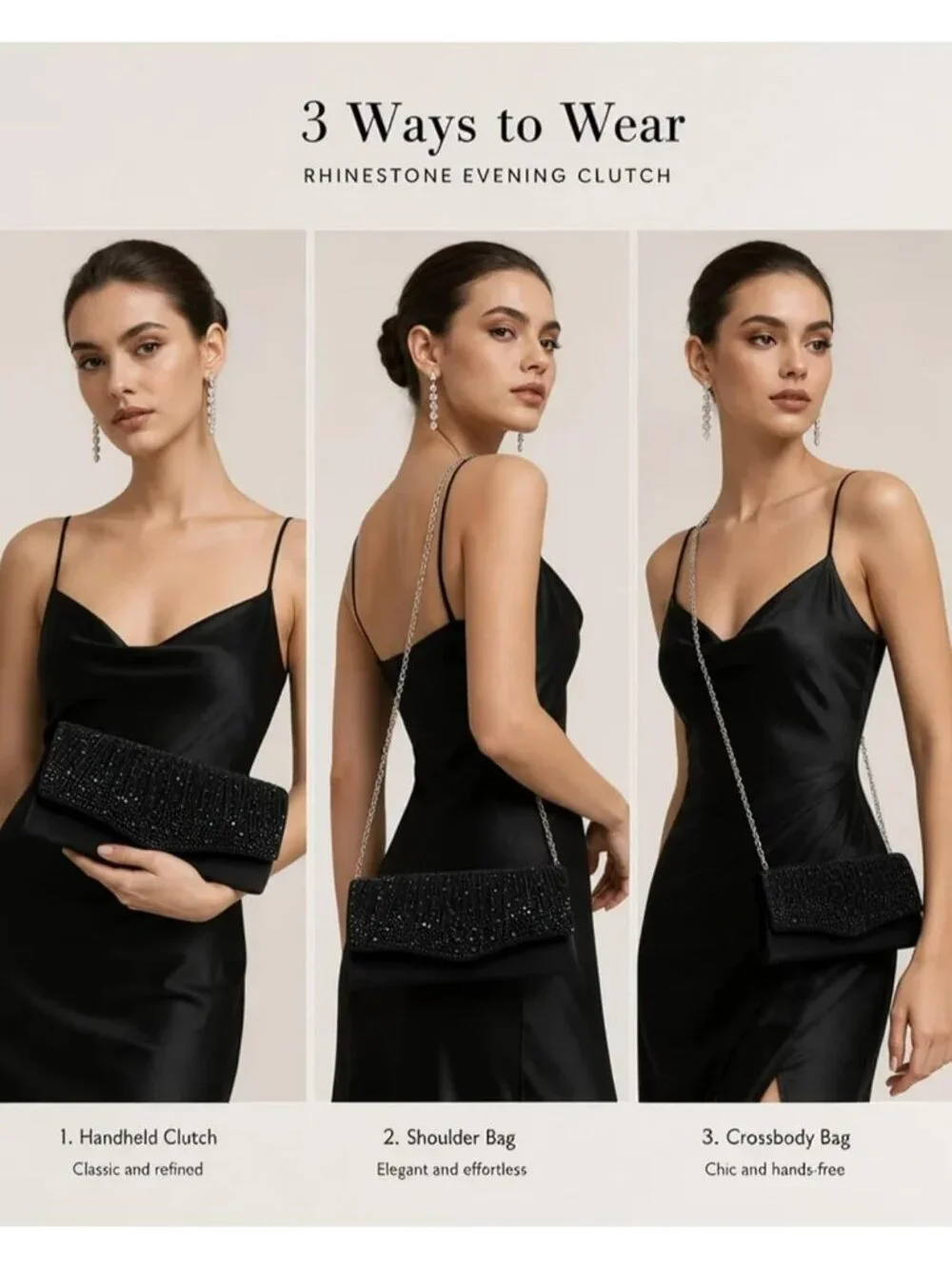 👜 Women's Black Dent-Proof Pleated Rhinestone Formal Evening Bag with Chain